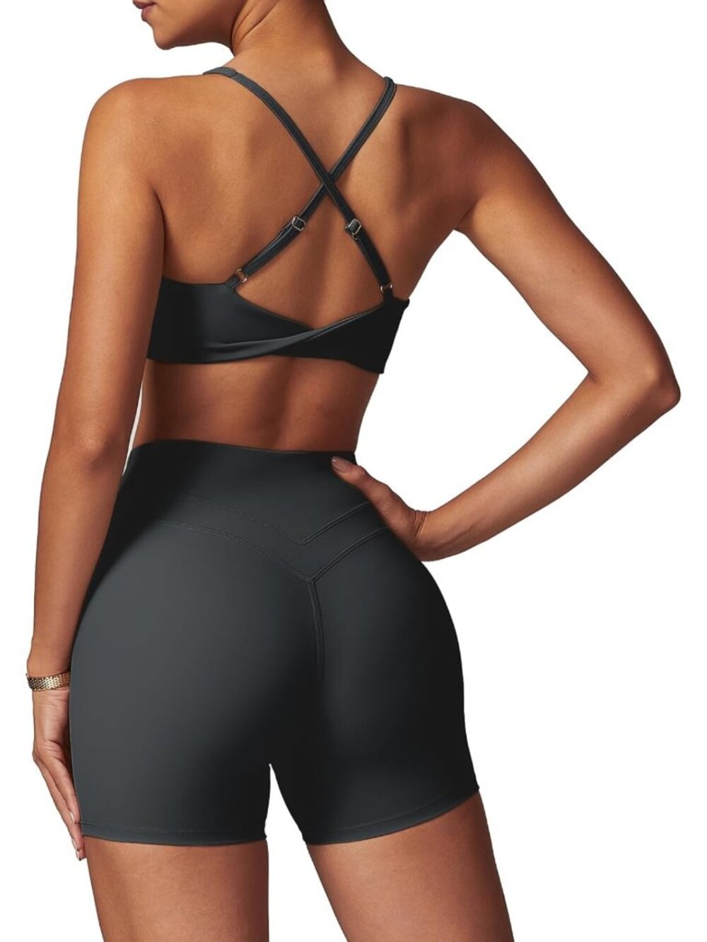 Stylish Women's Workout Set: Cross Back Sports Bra & High Waist Biker Shorts